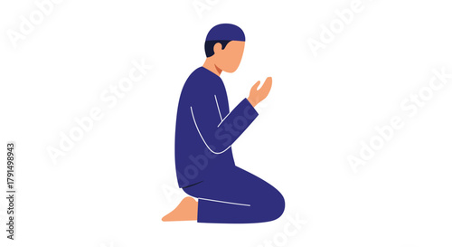 Muslim man praying in traditional clothing on a white background.