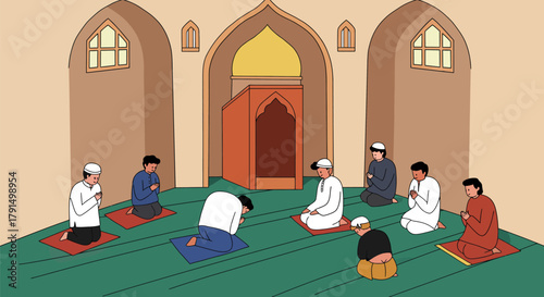 Muslim men performing congregational Salah prayer inside a mosque illustration.