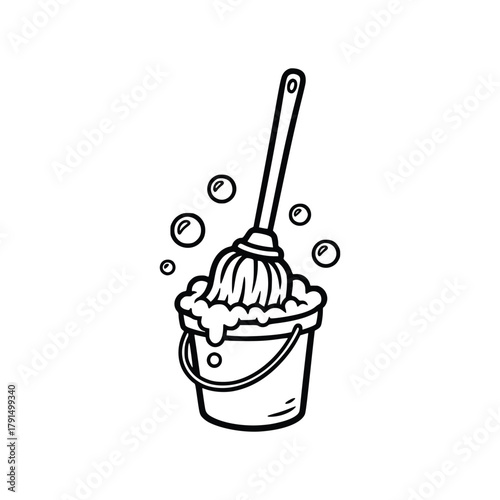 Mop and Bucket Illustration Cleaning Supplies and Household Chores.