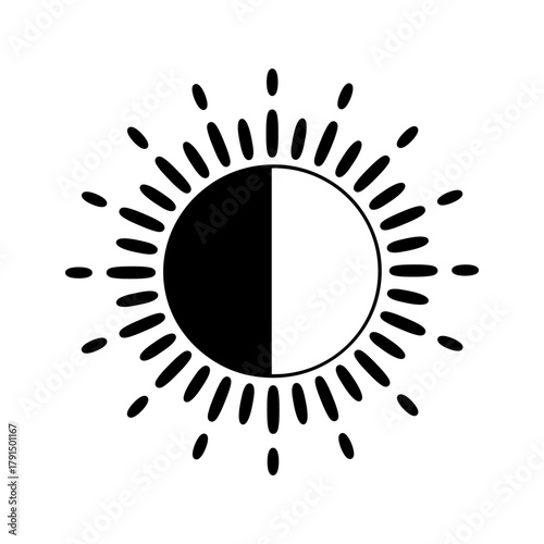 Stylized sun icon with half dark and half light, representing balance or duality