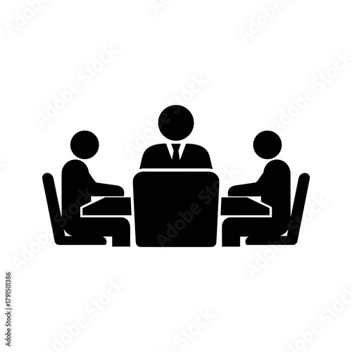 Three people sitting at a table in a meeting, symbolizing business discussion, teamwork, or a conference