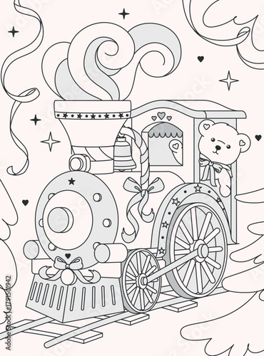 A delightful line art of a Christmas train with a teddy bear. Vintage-style locomotive coloring page is a fun and festive seasonal activity for the winter holidays.
