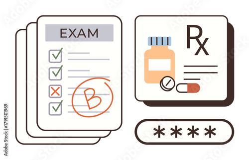 Exam paper with grades, completed checkmarks, prescription label, password field. Ideal for education, health literacy, pharmaceuticals, privacy testing assessment medication adherence. Simple