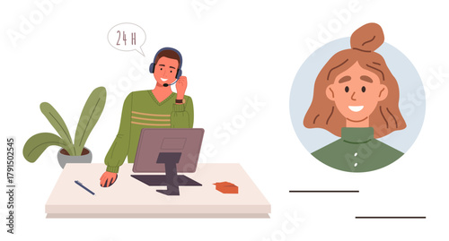 Customer service agent with headset at desk, computer screen, plant, client photo. Ideal for support, communication, helpdesk, teamwork assistance online service professional connection. Simple