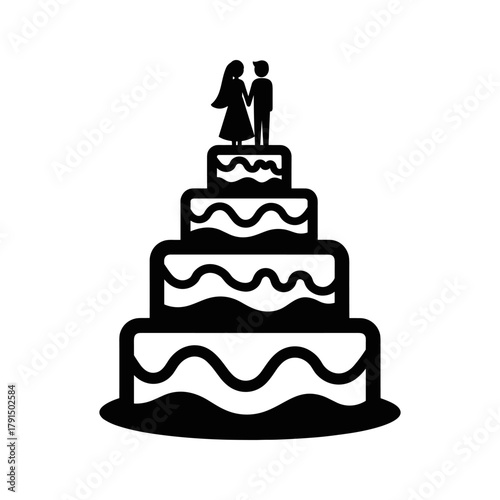Silhouette of a bride and groom on top of a multitiered wedding cake