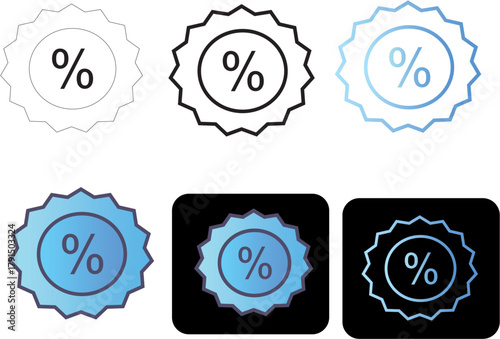 Set of six discount percentage badge icons in minimalist gradient and outline styles for global economy, sales, and promotional offers