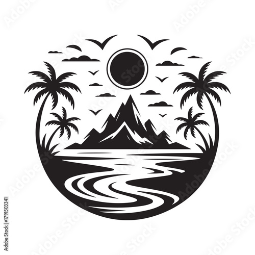 Tropical Beach Paradise Circular Silhouette Vector Badge