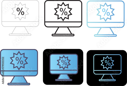 Minimalist desktop monitor icon set with a percentage sale badge, a vector graphic concept for online deals and e-commerce during an economic recession