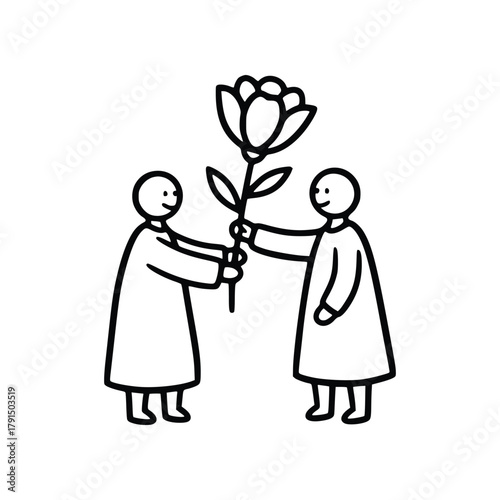 Two Figures Exchanging a Flower in Simple Line Art.
