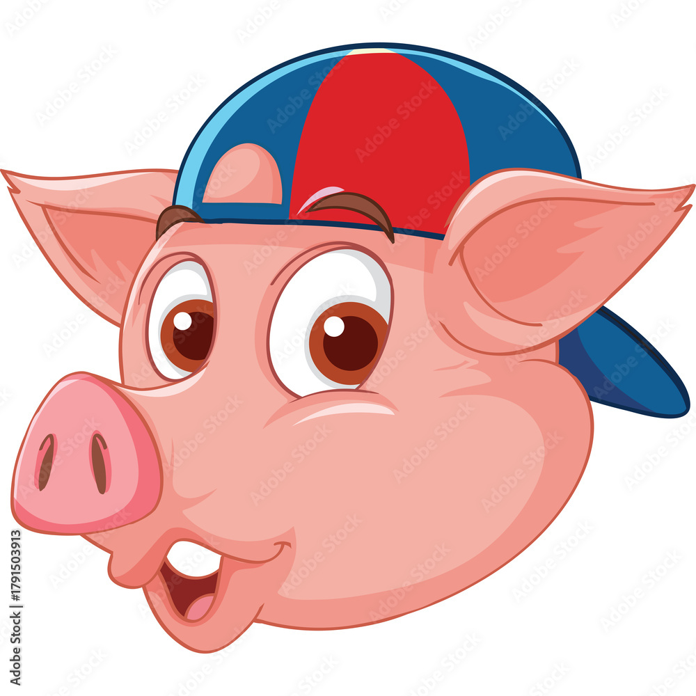 Naklejka premium Cartoon Pig Face Wearing A Blue Red Cap Happy Expression Transparent Background