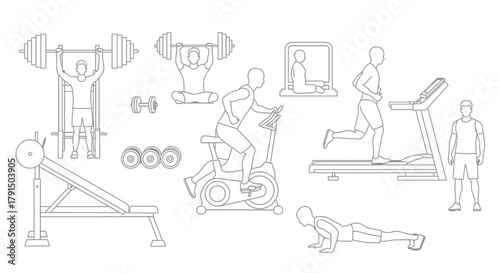 Line art fitness illustration featuring weightlifting cardio yoga and bodyweight exercises