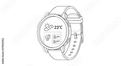 Line art illustration of a smartwatch displaying weather information in a minimalistic style