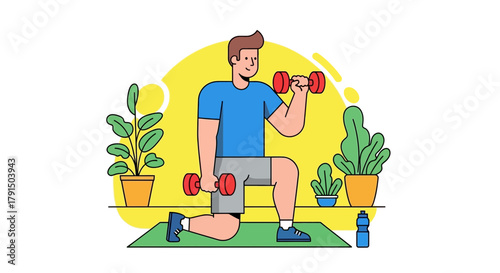 Man exercising at home lifting dumbbells as part of his healthy fitness routine