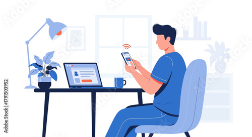 Man working from home with laptop and smartphone in a bright and modern workspace