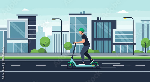 Man Riding Electric Scooter Through Urban Landscape, Promoting Sustainable Transportation and