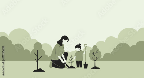 Mother and daughter planting tree together in nature fostering environment care