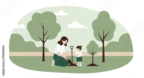 Mother and daughter planting a tree together in the park, ecological awareness scene planting