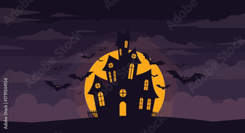 Mysterious haunted house silhouette at night for Halloween celebrations with spooky bats and