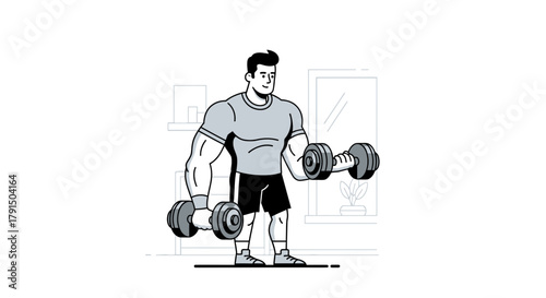 Muscular man exercising with dumbbells at home, fitness lifestyle and healthy habit concept
