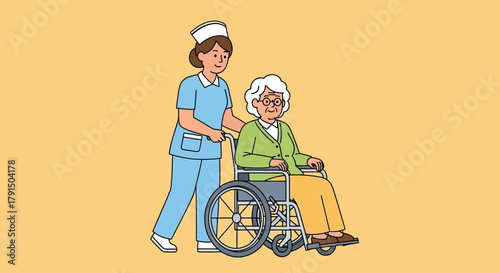 Nurse assisting elderly woman in wheelchair providing care and companionship