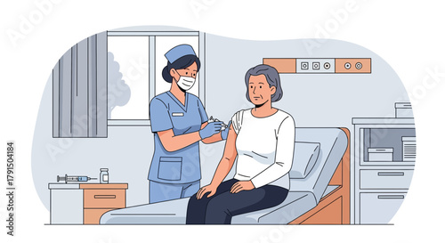 Nurse administering vaccine to senior woman in hospital providing healthcare service