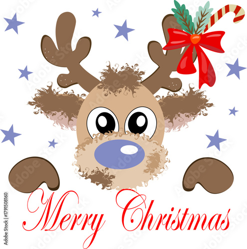 A cute Christmas illustration featuring Santa's reindeer head with a large blue nose and fuzzy fur, decorated with a candy cane and a bow, against a backdrop of stars, with "Merry Christmas" lettering