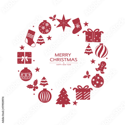 クリスマス素材　オーナメントとプレゼントでできたクリスマスリース　シンプル　12月素材