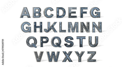 A full set of the English alphabet, A through Z, rendered in a metallic, textured font.