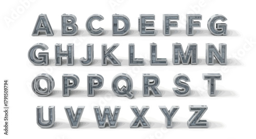 3D rendered alphabet letters in a metallic, industrial style, isolated on white background.