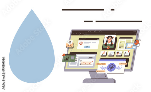 Computer screen showing alerts, email notifications, analytics, and malware alongside a drop icon. Ideal for cybersecurity, online safety, IT solutions, technology, risk assessment data management