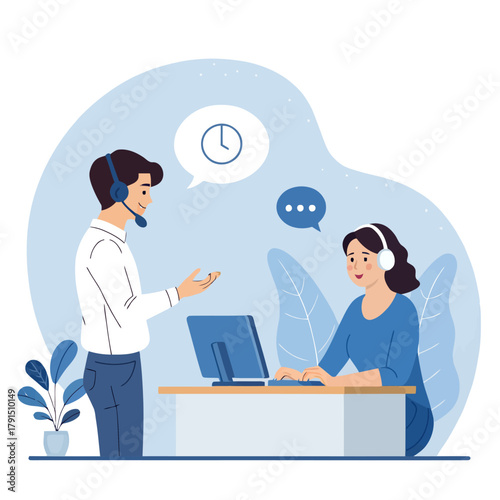 Clean vector illustration of a call center providing customer service