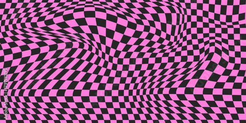 Black and pink distorted checkerboard background. Retro emo psychedelic checkered wallpaper. Wavy groovy chessboard surface. Trippy twisted geometric pattern. Abstract vector Ilustration