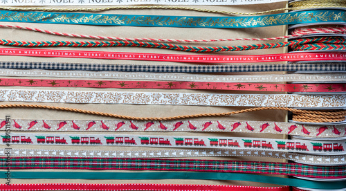 A selection of colourful festive ribbons for Christmas.