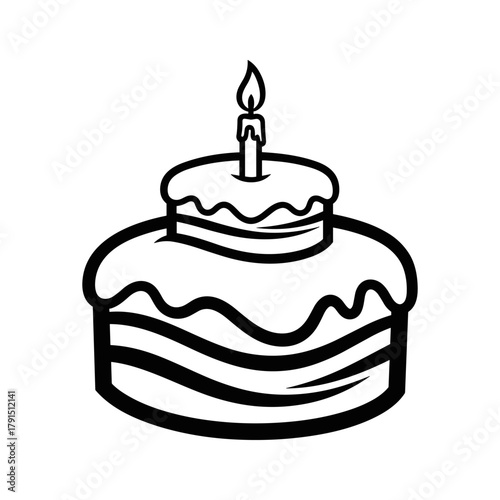 Simple black and white illustration of a birthday cake with a single lit candle on top