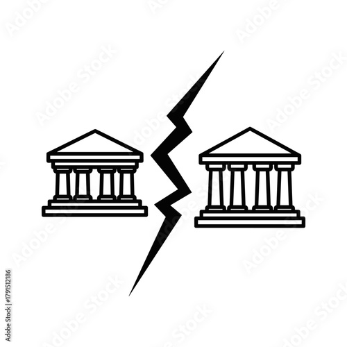 Symbolic representation of a division or conflict between two institutions, depicted as buildings split by a jagged line