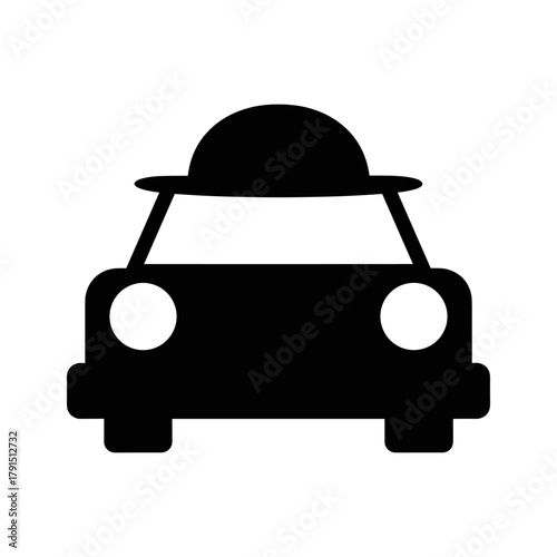 Black silhouette of a car viewed from the front, with headlights and a rounded roof