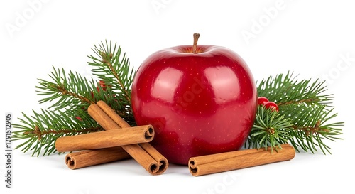 Red apple with cinnamon sticks and pine branches, isolated on white background, holiday composition, stock photography style