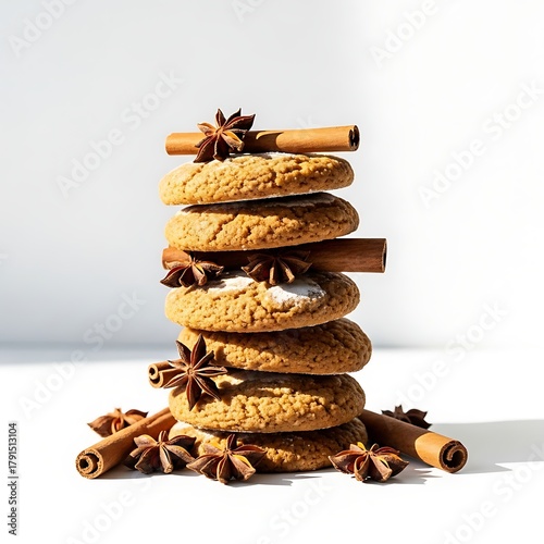 Stack of homemade cookies with cinnamon sticks and star anise, isolated on white background, natural light, stock photography style