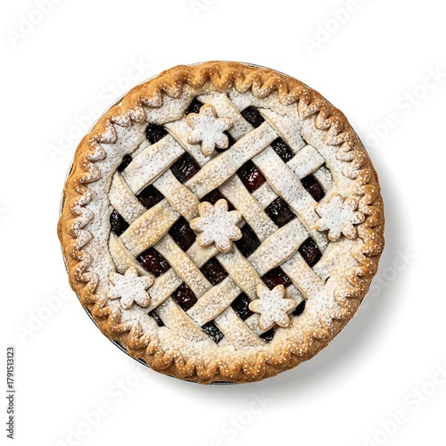  Traditional Christmas pie with golden crust and powdered sugar, isolated on white background, top view, stock photography style