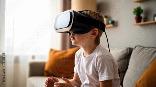 Young boy uses a virtual reality headset while sitting on a sofa at home. Immersive experience, gaming concept, dynamic video footage