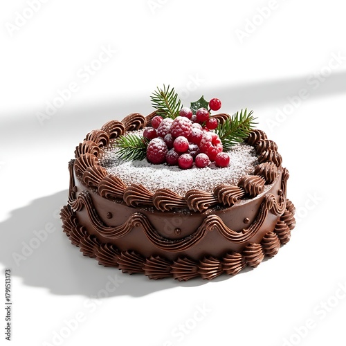 Christmas chocolate cake with red berries and powdered sugar, isolated on white background, soft shadows, high detail, stock photography style