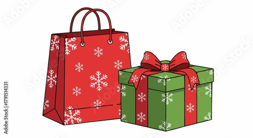 Festive Gift Bag and Wrapped Present with Bow.