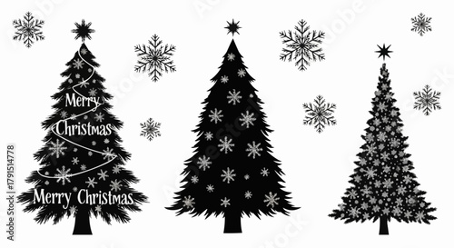 Christmas tree silhouettes with snowflakes festive holiday season decorations.