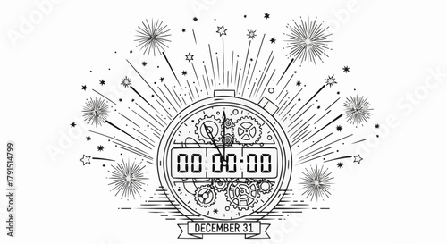 Hand drawn New Years Eve countdown clock with fireworks.