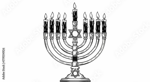 Detailed illustration of a traditional Hanukkah menorah with lit candles.