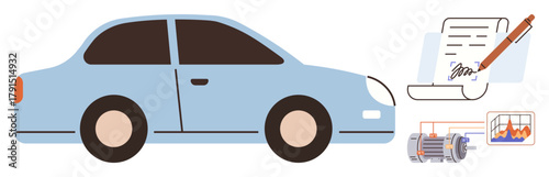 Blue car alongside service contracts, a pen, engine diagram, and diagnostic charts emphasizing vehicle maintenance, inspections, and repairs. Ideal for diagnostics, services, inspections contracts