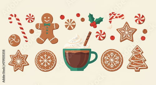 Christmas cookies and hot chocolate festive collection.
