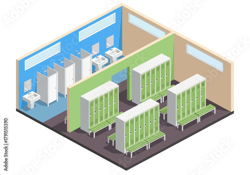 Isometric vector illustration of a gym changing room interior featuring rows of green lockers and benches, connected to a blue restroom area with private shower stalls and washbasins