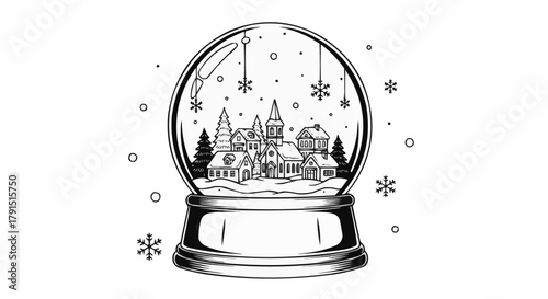 Hand drawn snow globe with winter village and falling snowflakes.