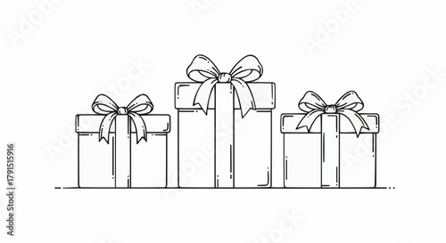 Hand drawn sketch of three gift boxes with bows.